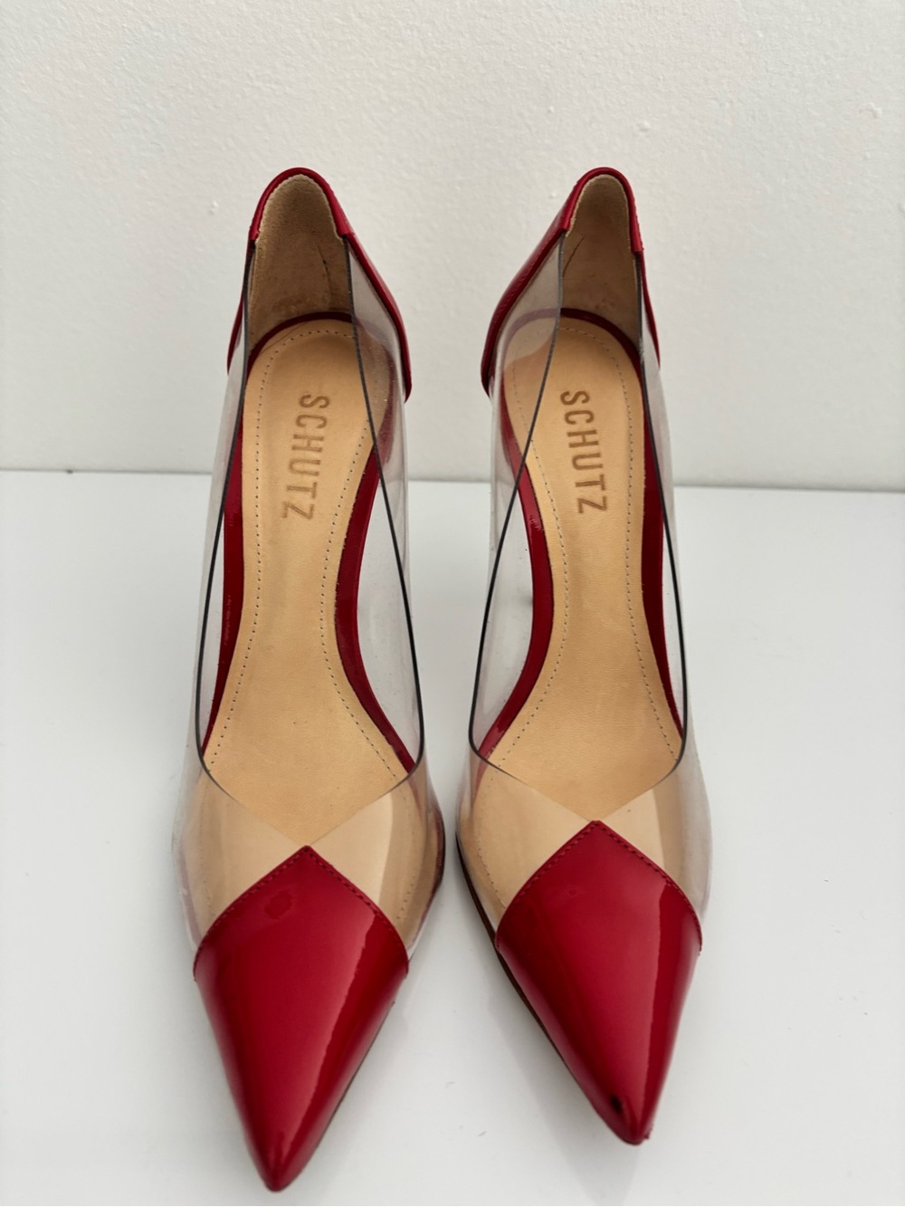 SCHUTZ Red Pointed-Toe Clear-Side Pump